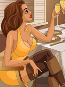 Brunette toon t-girl in yellow dress and brown stockings gets undressed and dick sucked.